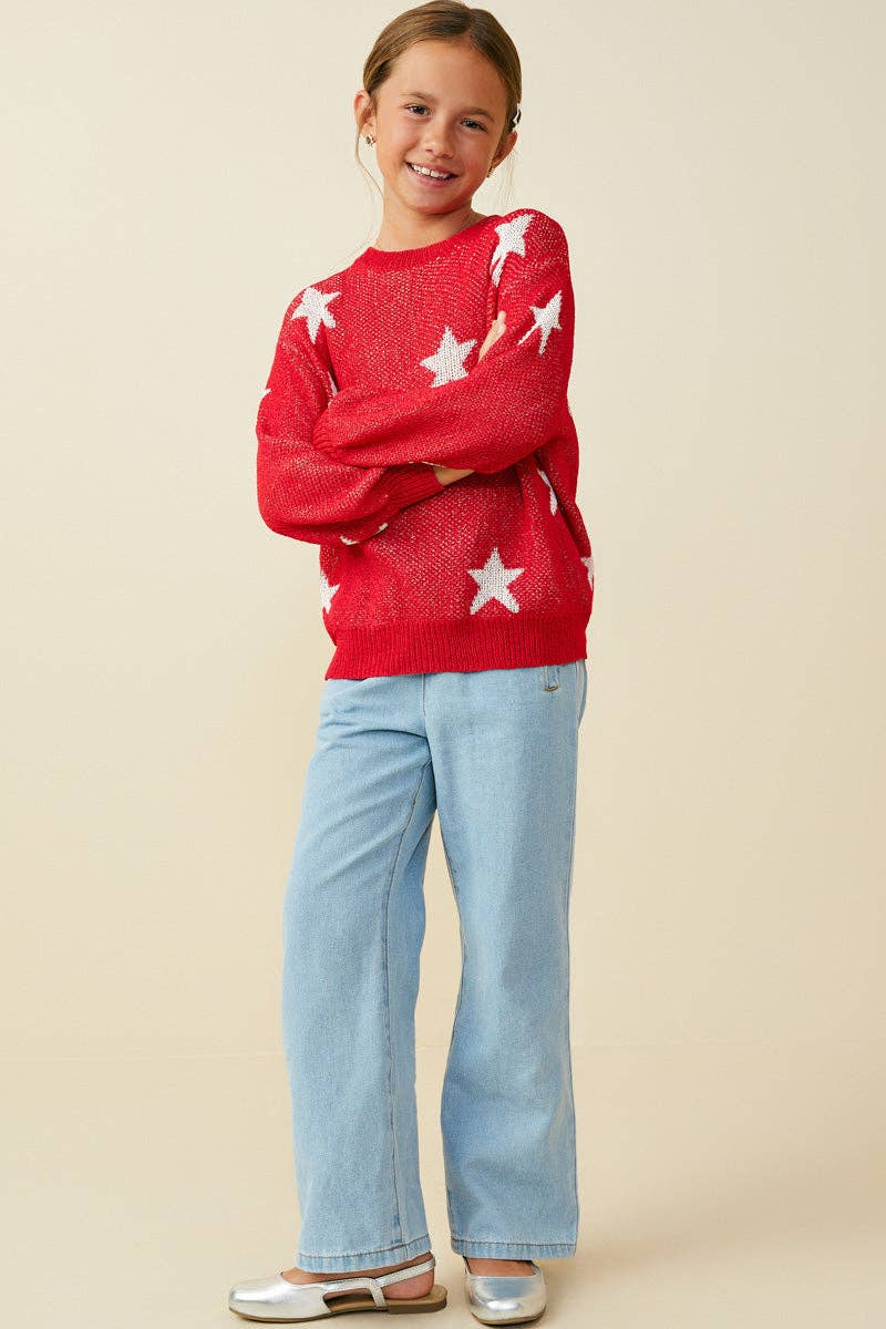 Girls Star Print Loose Knit Sweater Top