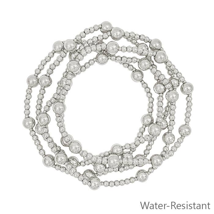 Water Resistant Set of 5 Silver Beaded Stretch Bracelets