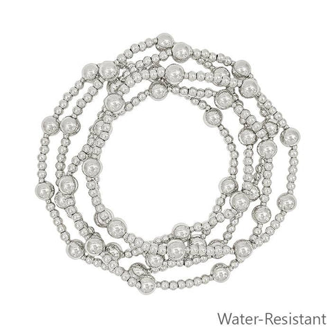 Water Resistant Set of 5 Silver Beaded Stretch Bracelets