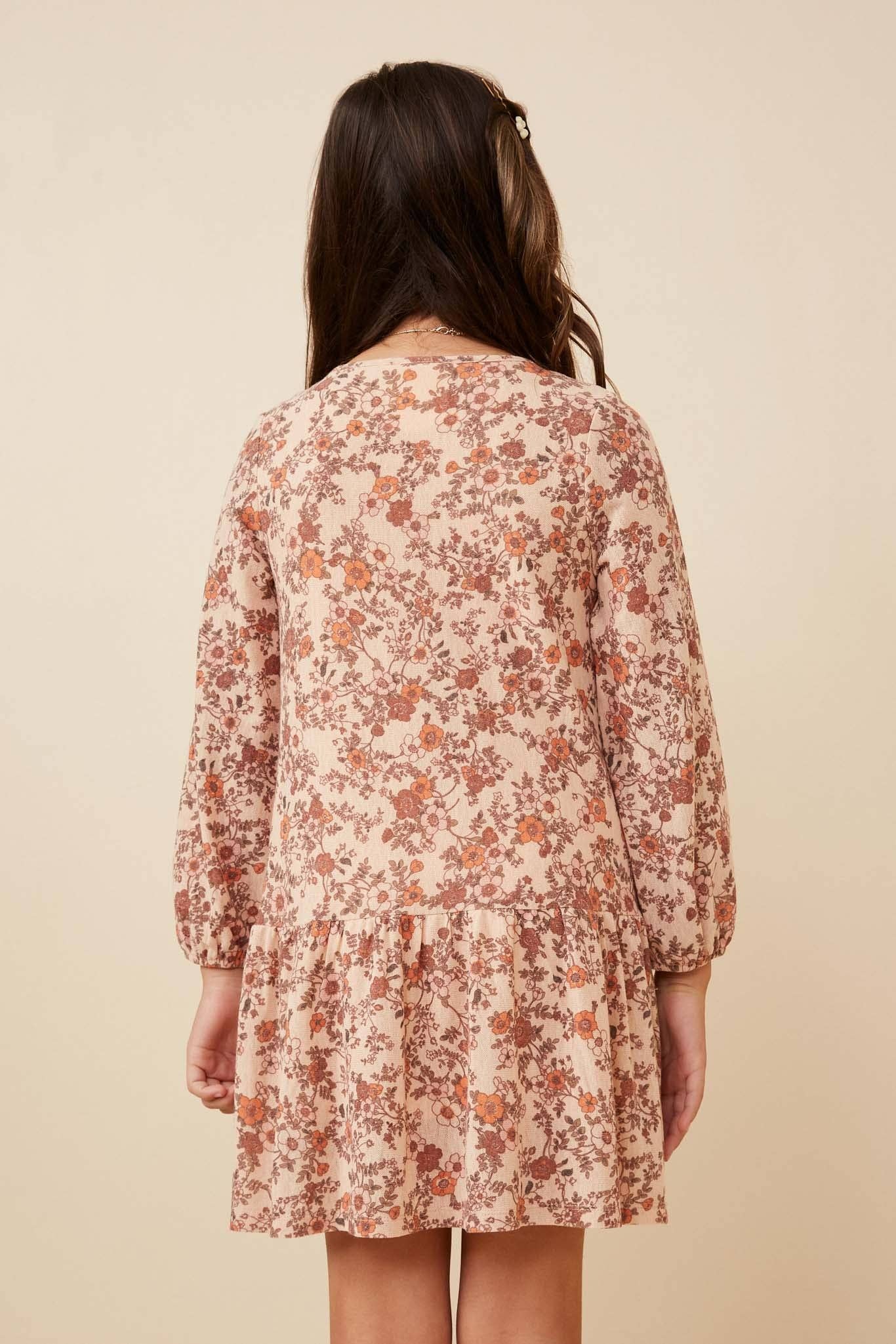 Girls Antique Floral Print Drop Waist Knit Dress