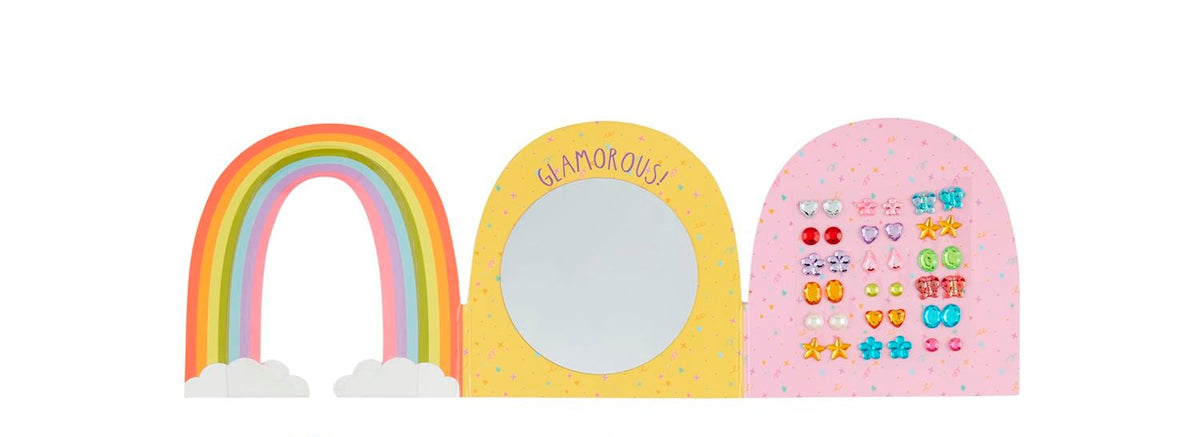 Set of colorful children's earrings with various shapes and designs on a white background