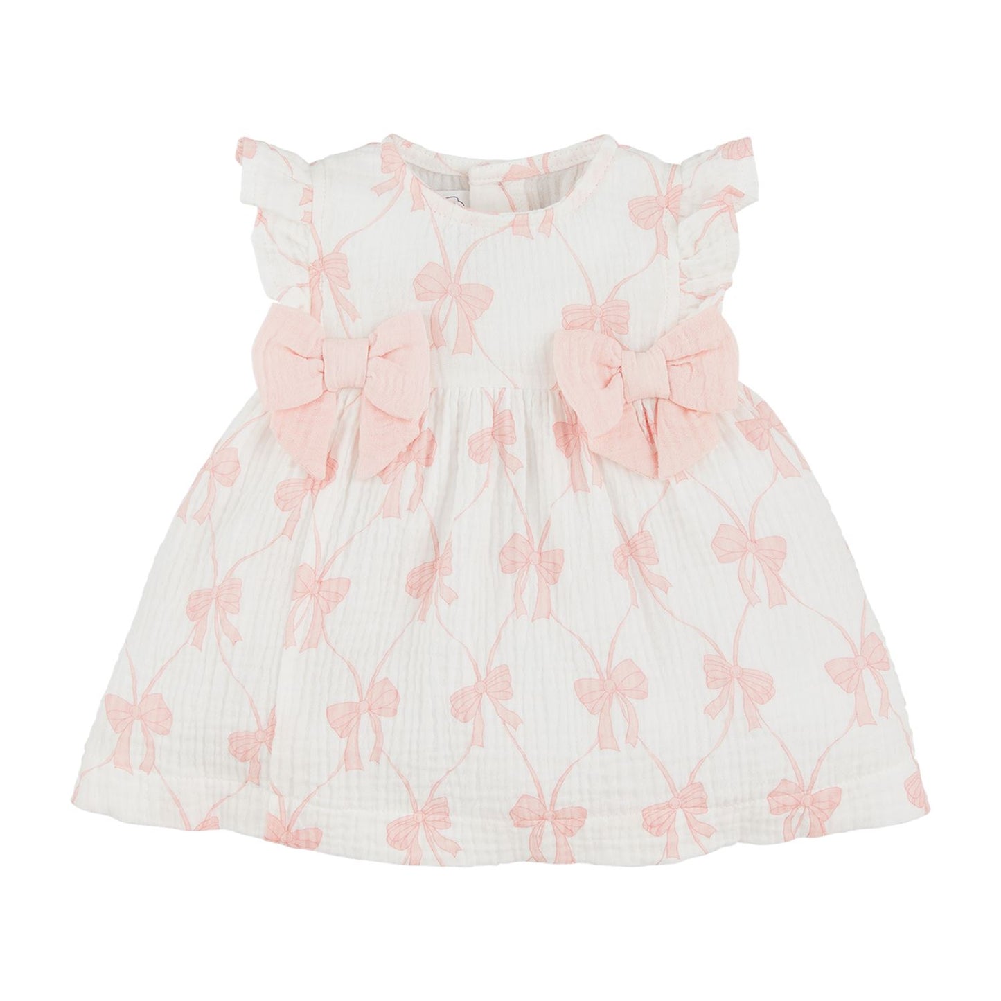 A short-sleeved pink baby dress with a floral pattern, featuring a bow at the waist and another at the neckline.