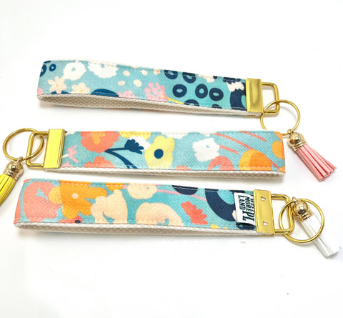 Key Fob Wristlet - Blue Modern Wildflowers