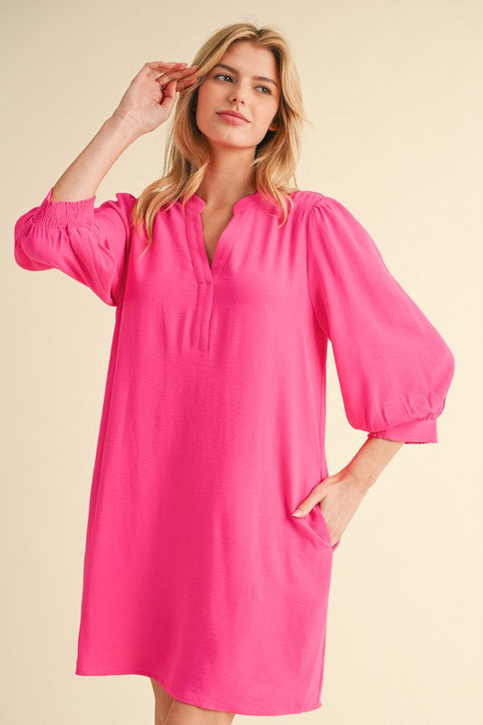 Fuchsia Peasant Sleeve Mini Dress