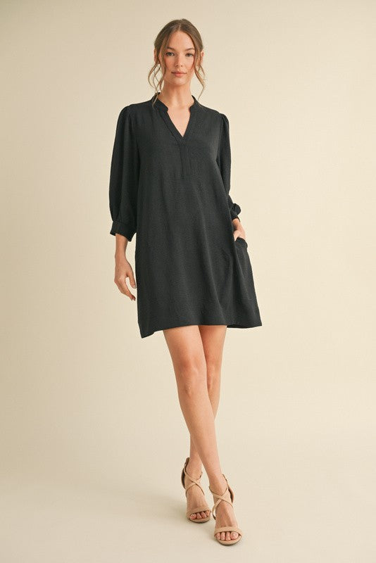 Black Peasant Sleeve Mini Dress