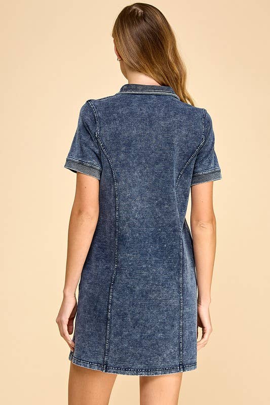 Stretch Denim Front Half Zipper Casual Dress