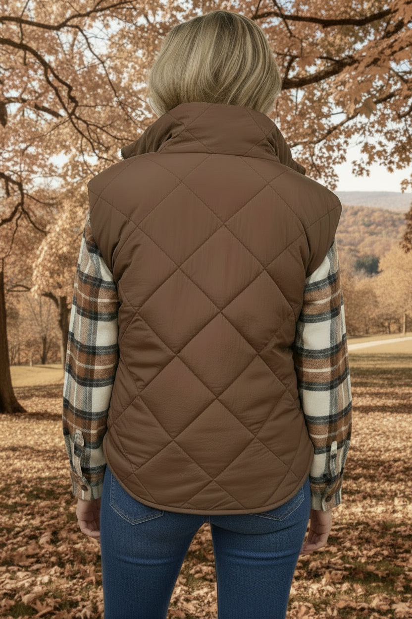 Quilted Zip Up Fleece Vest Brown