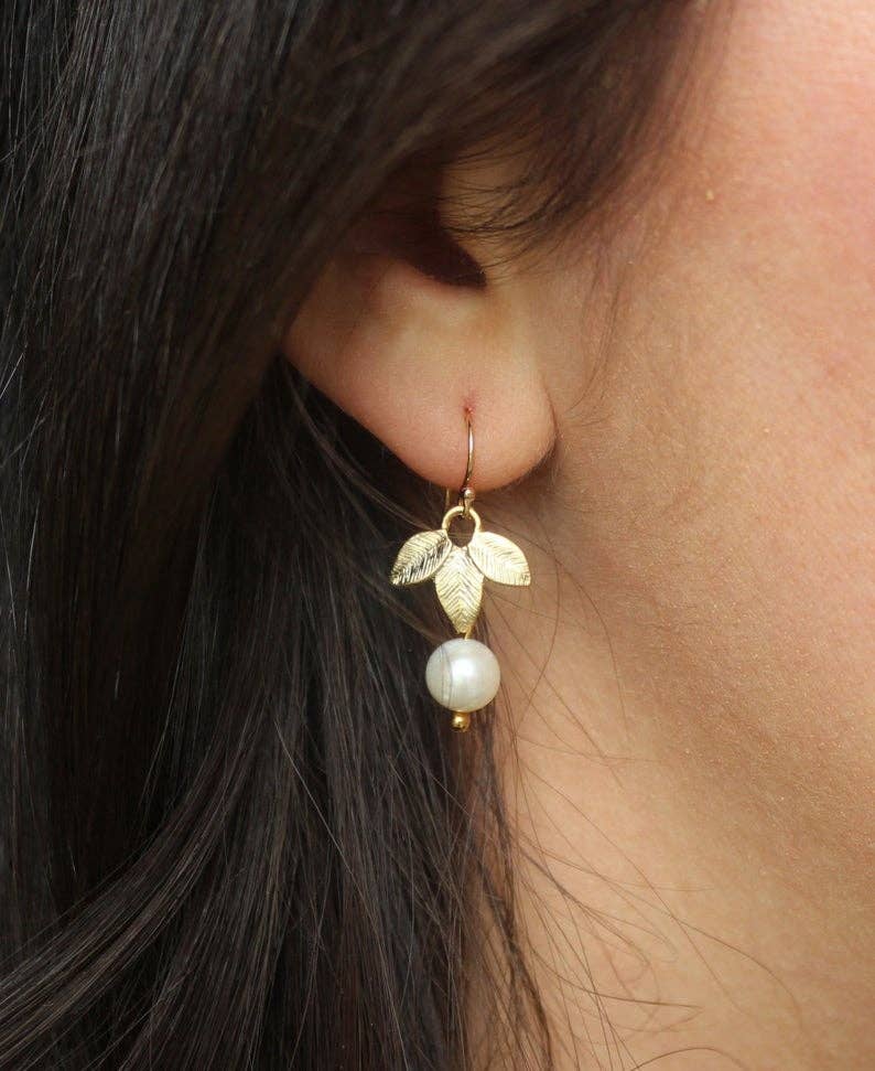 Gold Freshwater Pearl Leaf Earrings