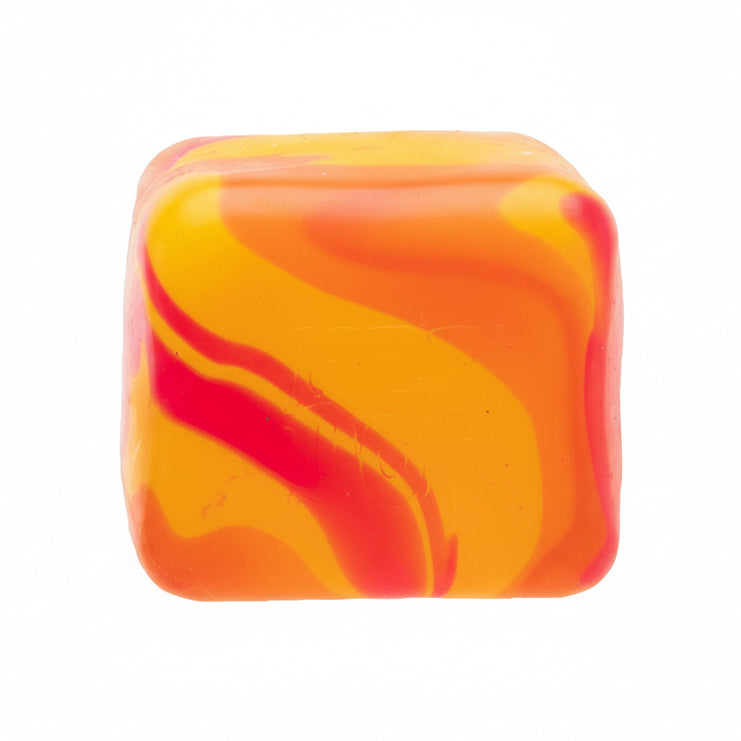 Colorful square object with orange and red swirls on a white background, branded 'Curious Minds'.