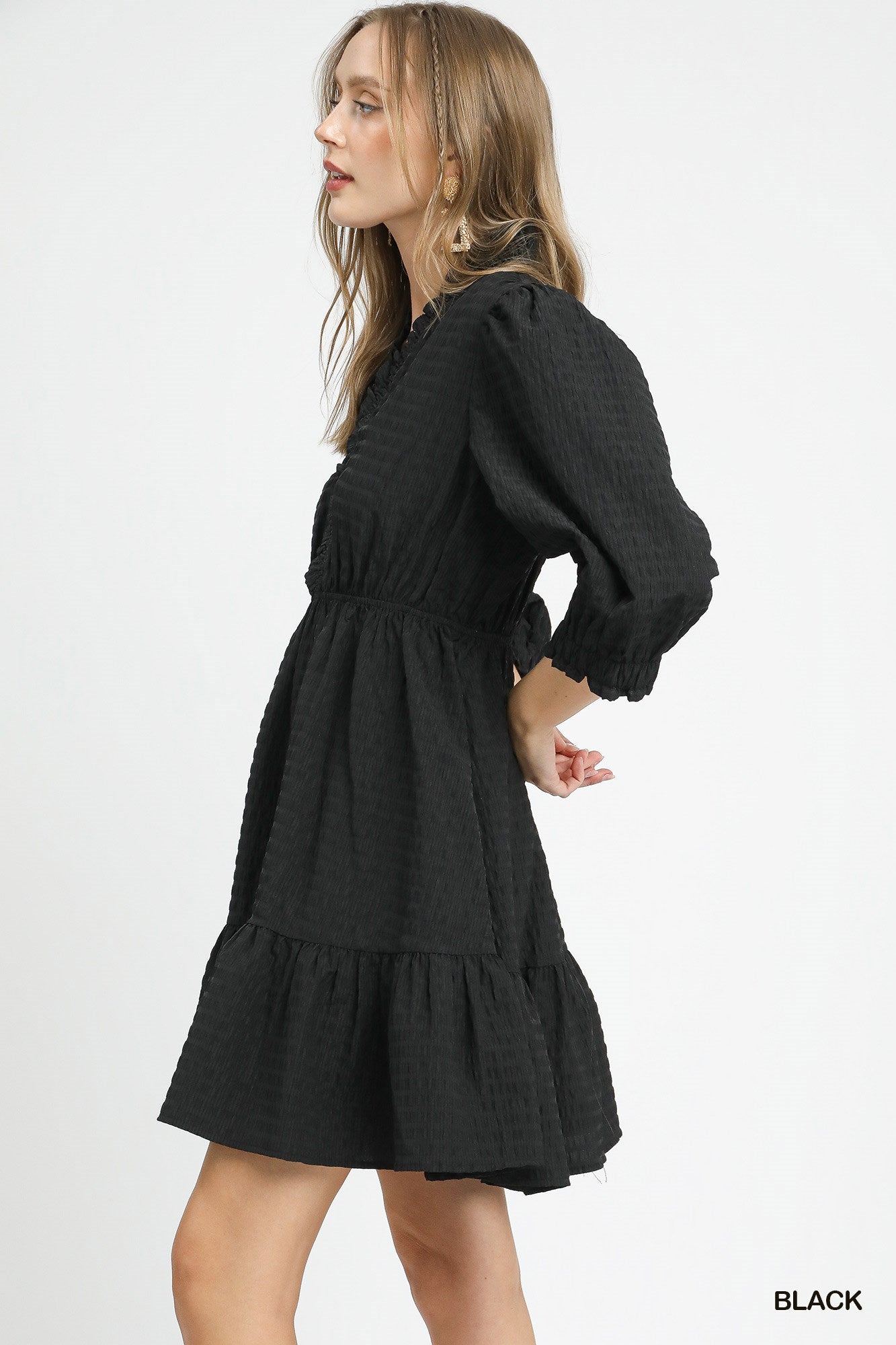 Ruffle Trim Textured Babydoll Dress