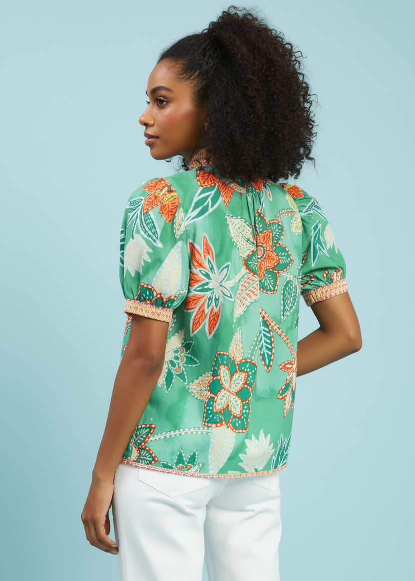 Woman wearing a green floral blouse with white pants against a light blue background