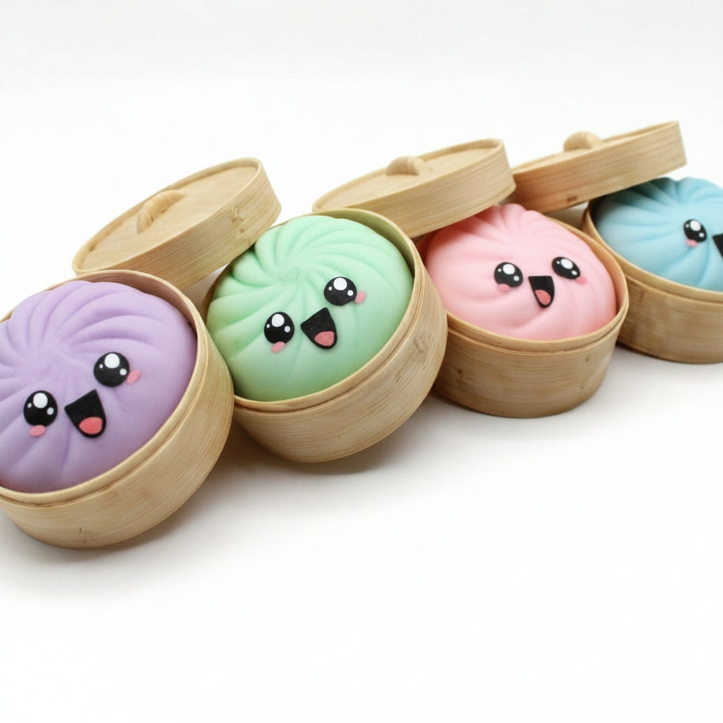Colorful squishy toys resembling dumplings in wooden containers on a white background.