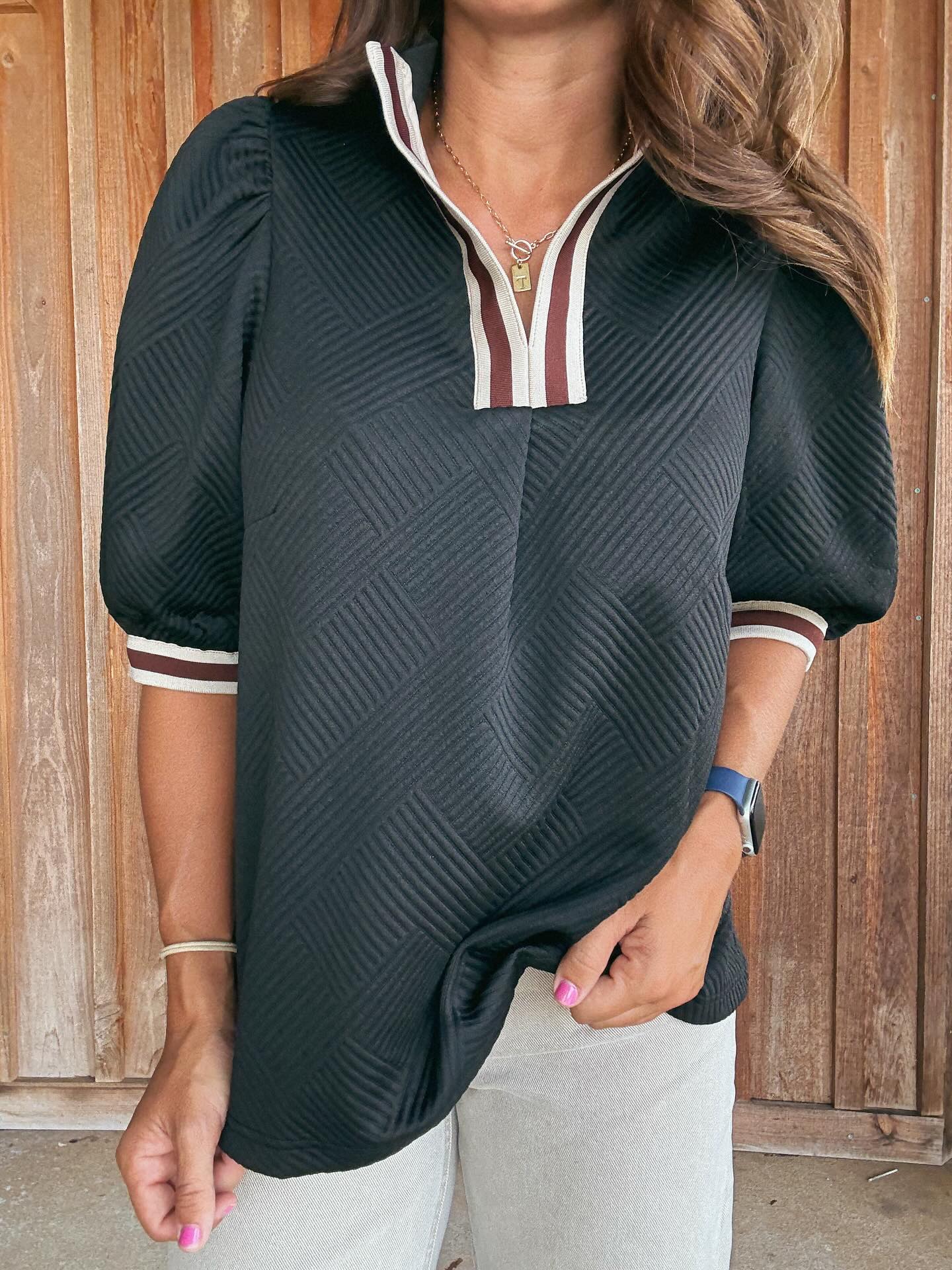 Textured Knit Half-Zip Top with Stripe Trim