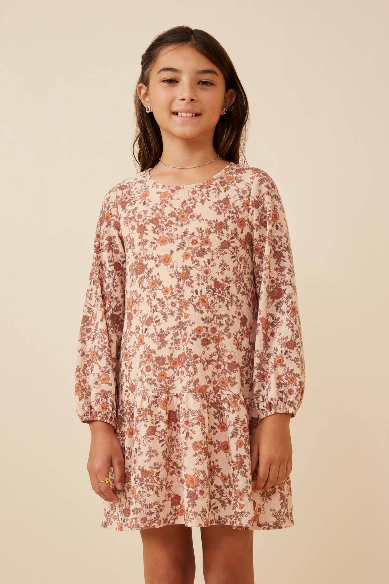 Girls Antique Floral Print Drop Waist Knit Dress