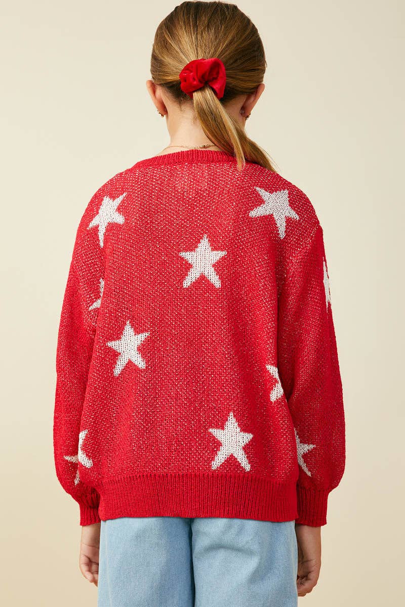 Girls Star Print Loose Knit Sweater Top