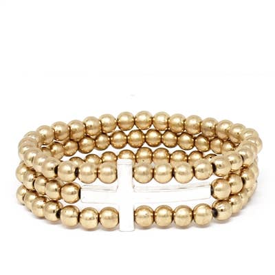 Gold Beaded & Silver Cross Stretch Bracelet Set