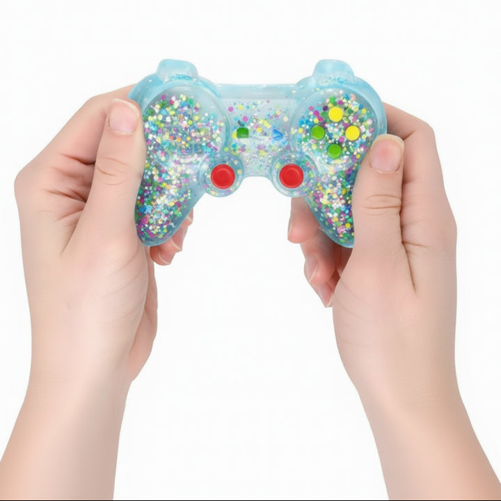 Colorful toy game controller held by hands on a white background