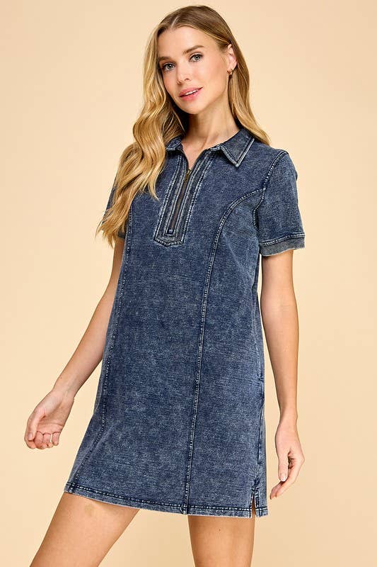 Stretch Denim Front Half Zipper Casual Dress