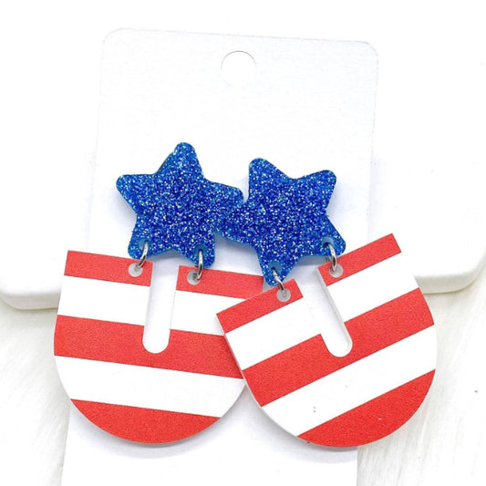 Blue Glitter Star & Striped Patriotic Acrylic Earrings