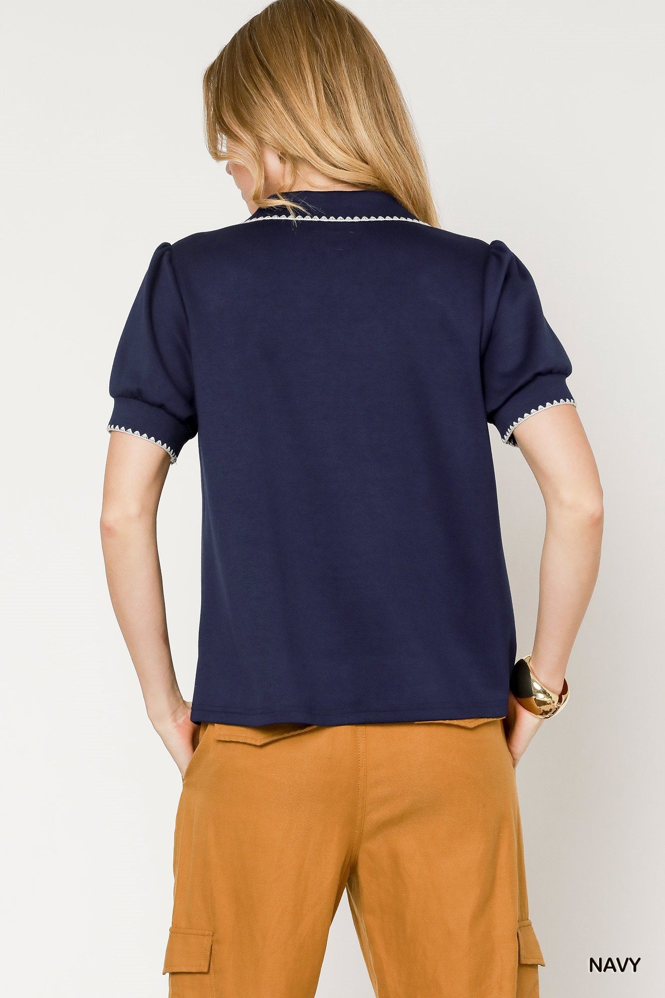 Contrast-Trim Polo Blouse