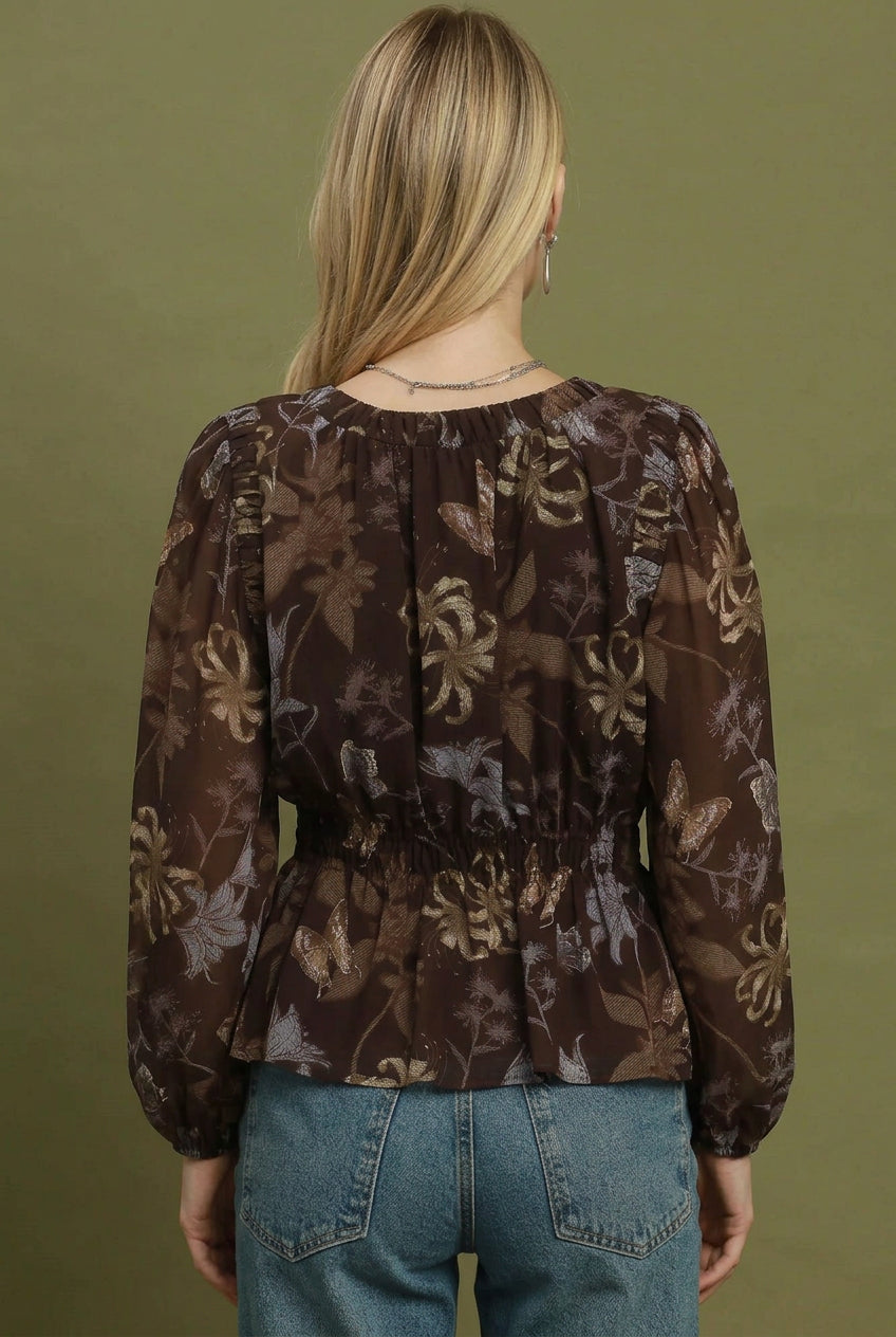 Abstract Print Smocked Waist Blouse