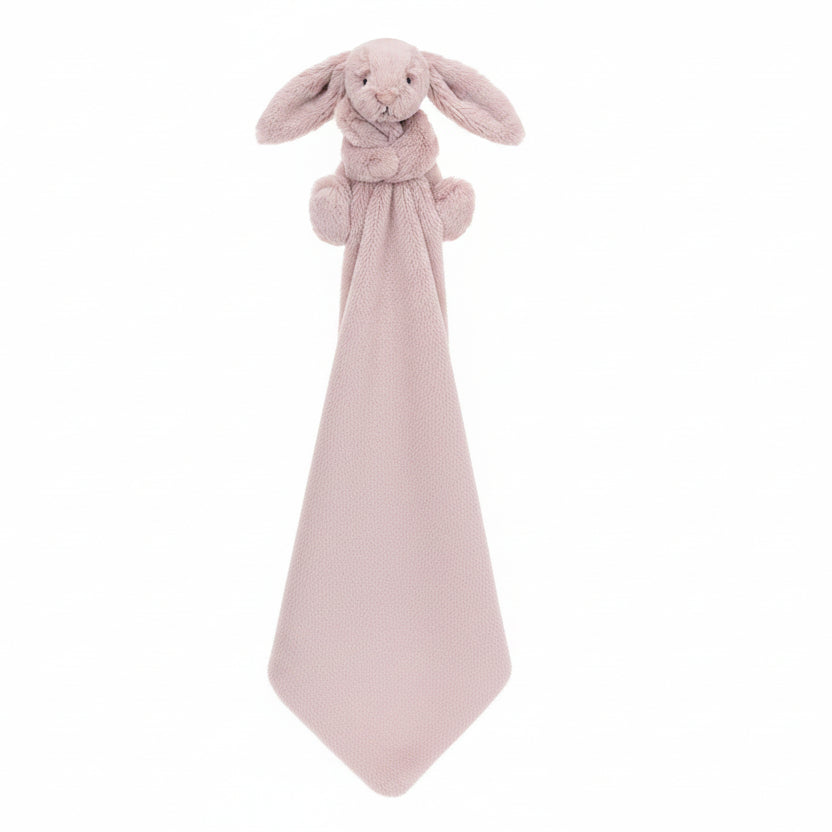 Pink plush bunny with a blanket and 'Rosa' embroidery on a white background