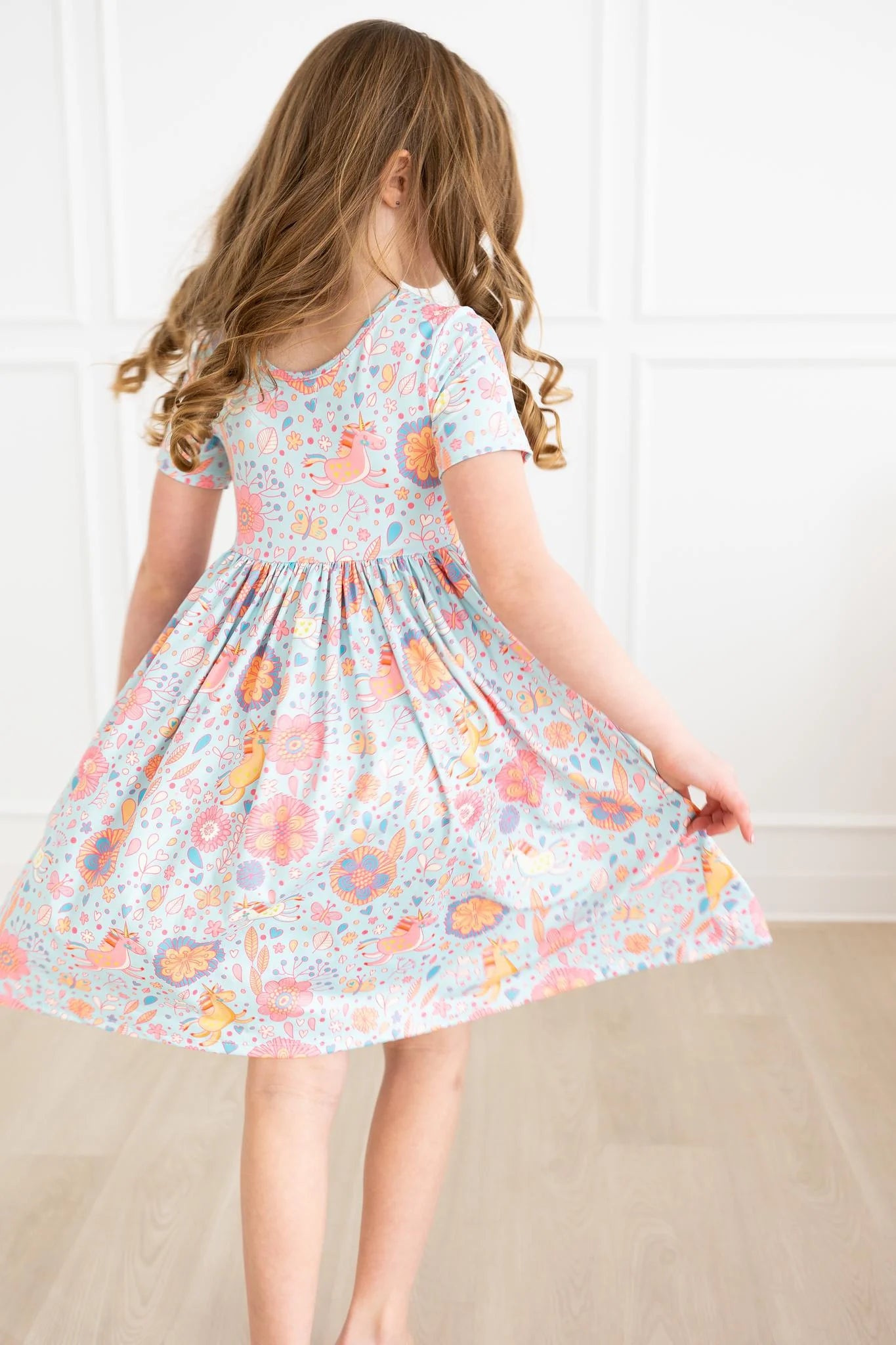 Girls Blue Retro Unicorns Pocket Twirl Dress