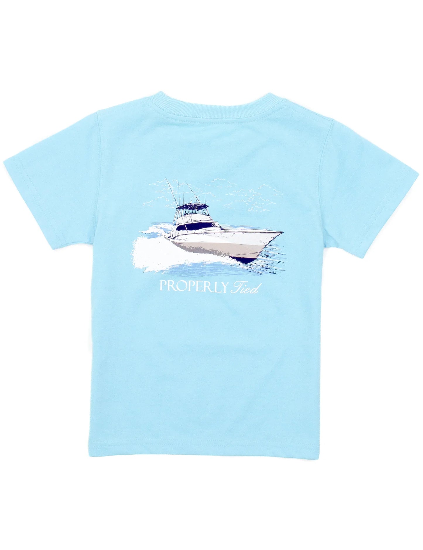 A blue crew neck Boys Deep Sea Aqua Graphic T-Shirt with a boat design on the front.