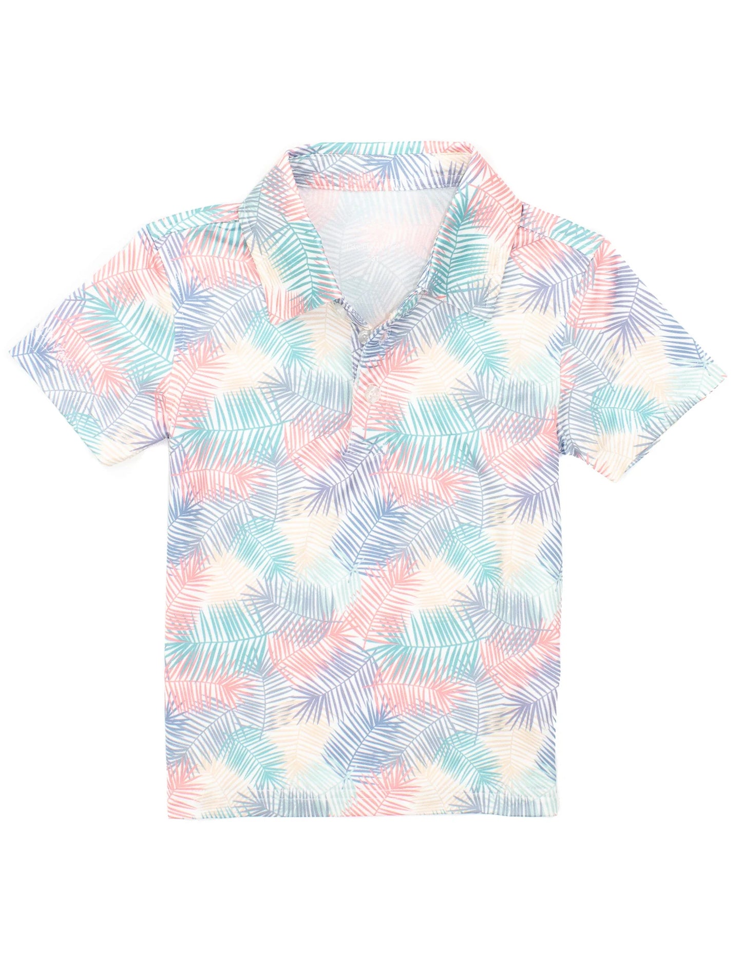 A short-sleeved boys' polo shirt with a palm leaf pattern in multicolor.