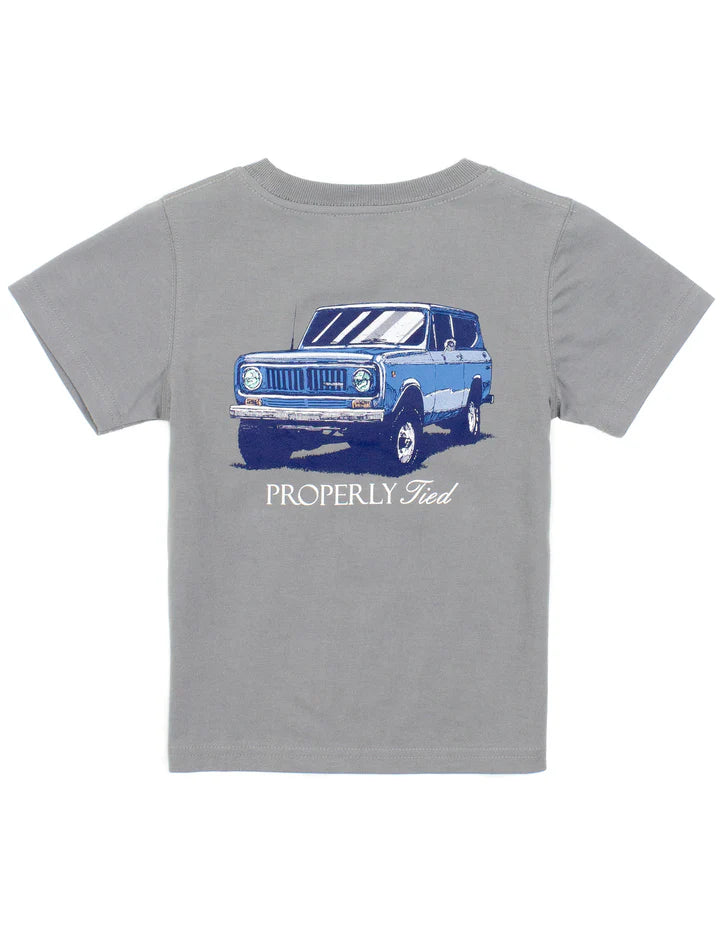 A gray crew neck graphic t-shirt with a battleship grey color and a blue vintage car print on the front.