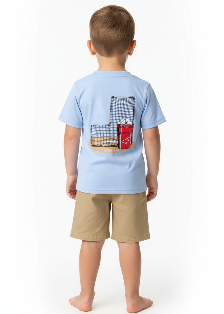 Light blue t-shirt with a graphic of a red cup and net on the back, on a white background.