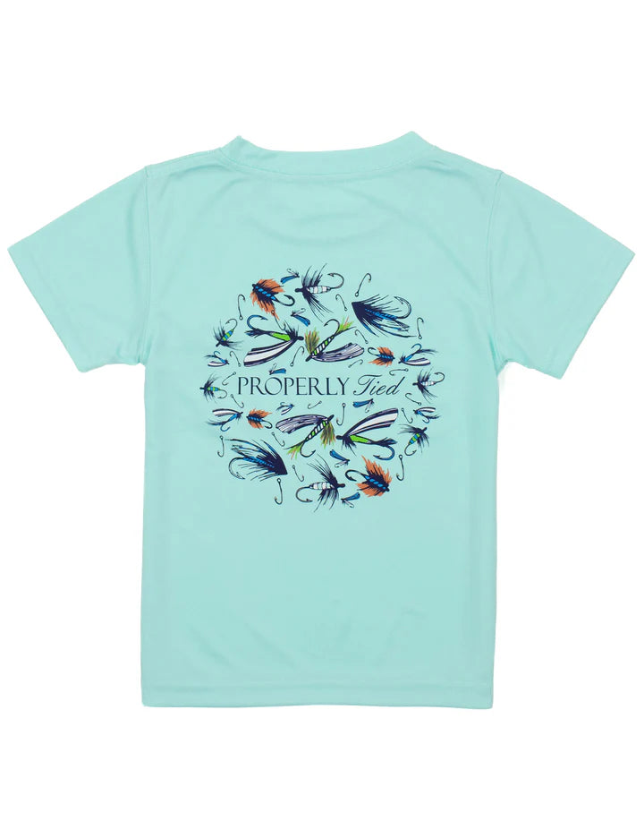 A seafoam green colored boys performance tee with a graphic of fish and fishing equipment on the front.
