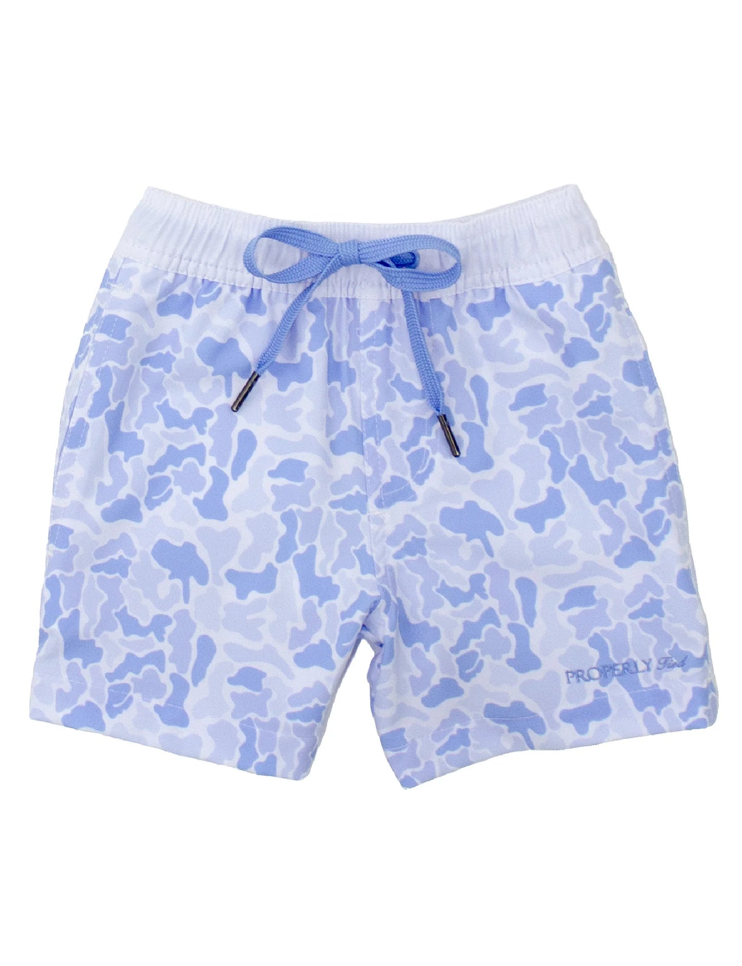 Blue camouflage shorts with a drawstring on a white background