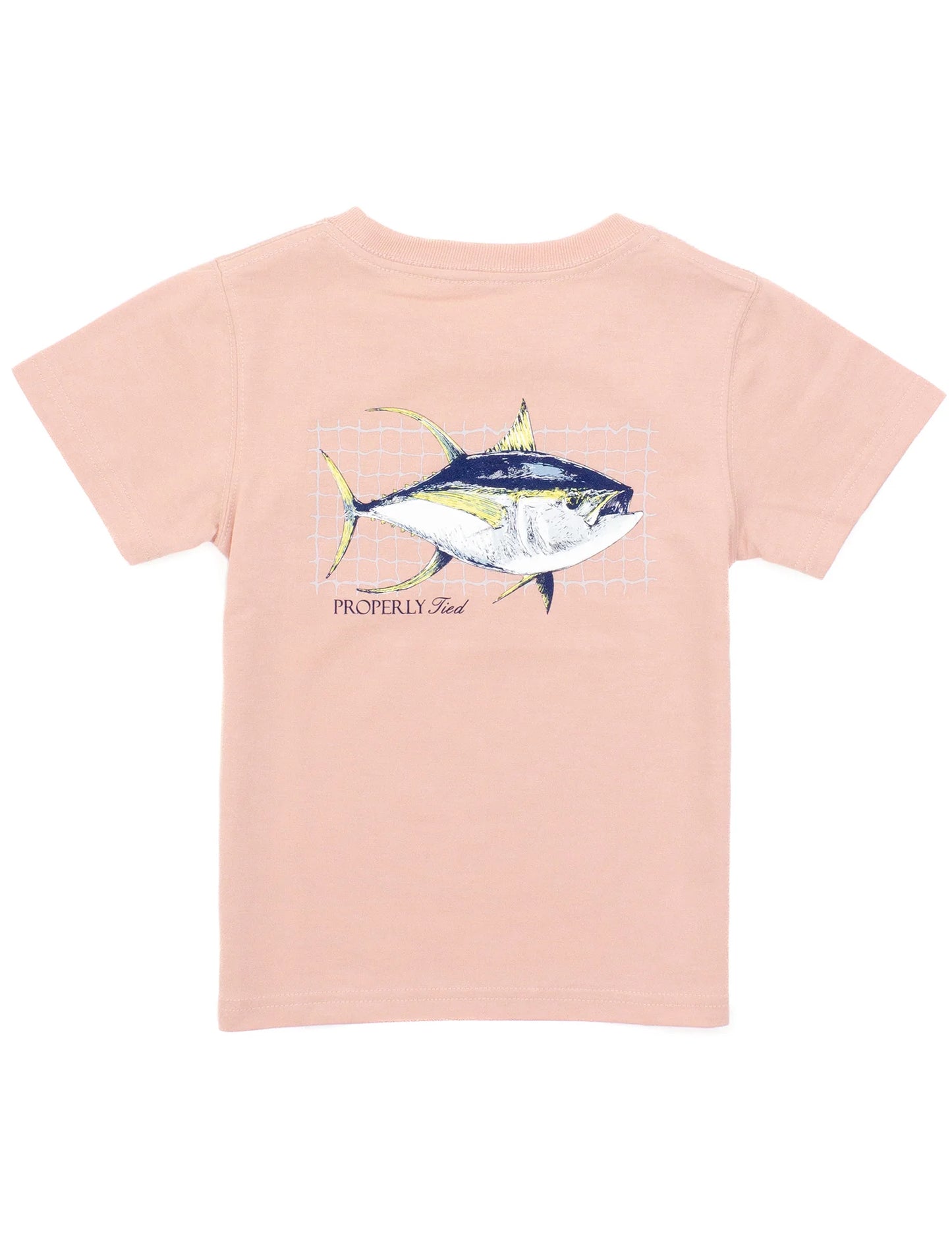 A pink-colored boys' graphic t-shirt with a tuna fish printed on the front.