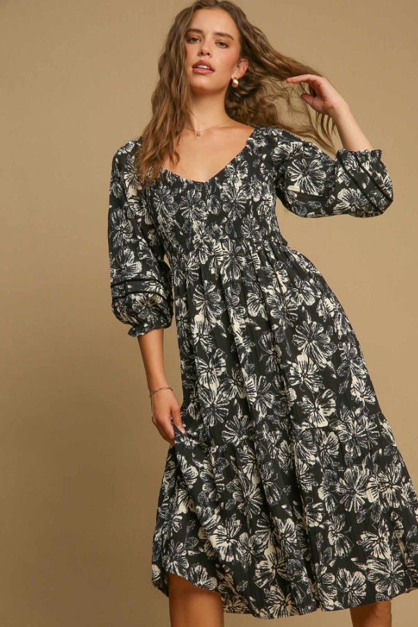 retro floral midi dress Tea Rose and Cherry Vintage Floral Print Midi Dress