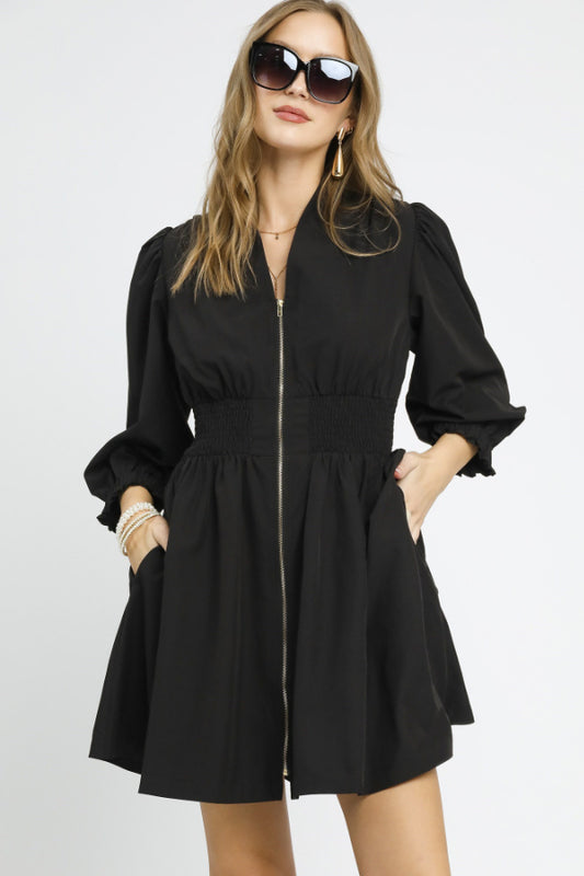 Zip-Front Smocked Waist Mini Dress