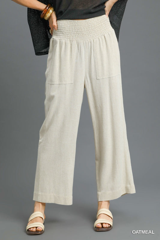 Linen Wide Leg Smocked Waist Pants