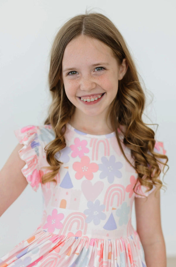 Castles & Rainbows Flutter Sleeve Twirl Dress