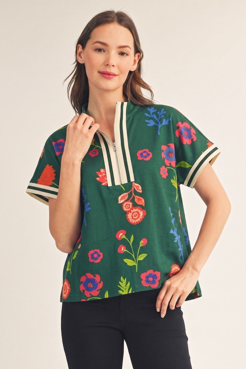 Floral Rib Band Trimmed Zip Up Top