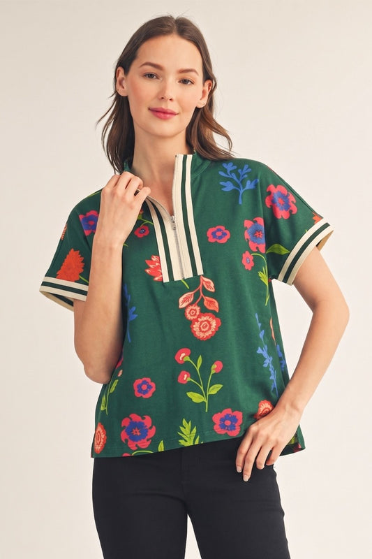 Floral Rib Band Trimmed Zip Up Top