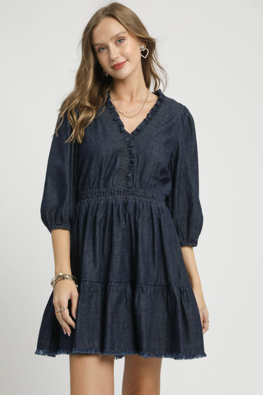Denim Ruffle Trim Tiered Mini Dress