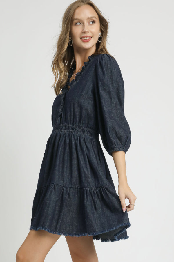 Denim Ruffle Trim Tiered Mini Dress