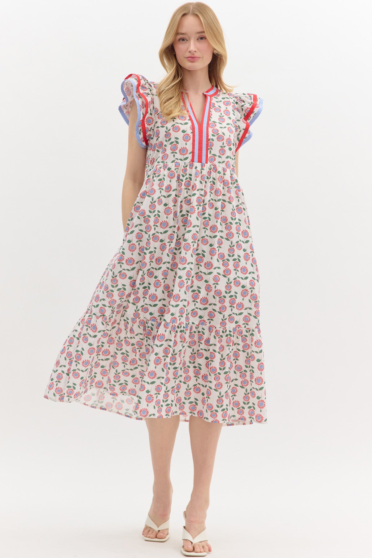 Floral V Neck Ruffle Sleeve Midi Dress