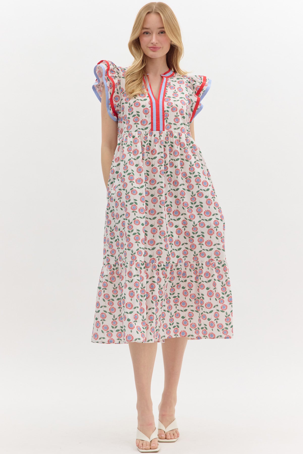 Floral V Neck Ruffle Sleeve Midi Dress