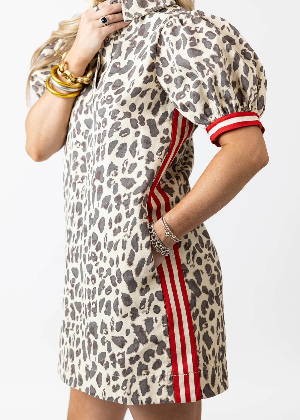 Ecru Leopard Dress with Red Stripe