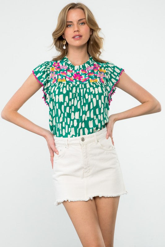 Embroidered Flutter Sleeve Print Top