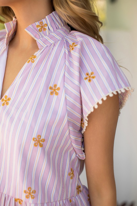 THML Embroidered Flutter Sleeve Striped Top