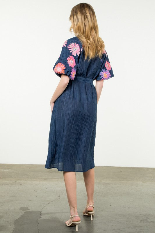 Embroidered Puff Sleeve Textured Dress