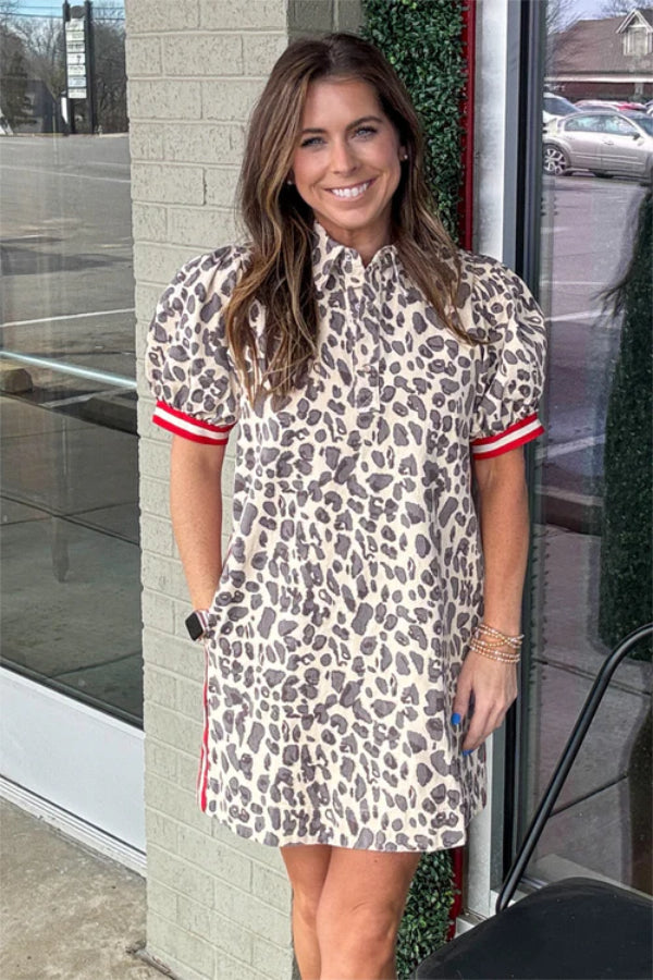 Ecru Leopard Dress with Red Stripe