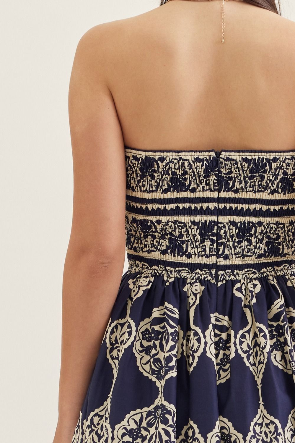 Navy Print Strapless Midi Dress